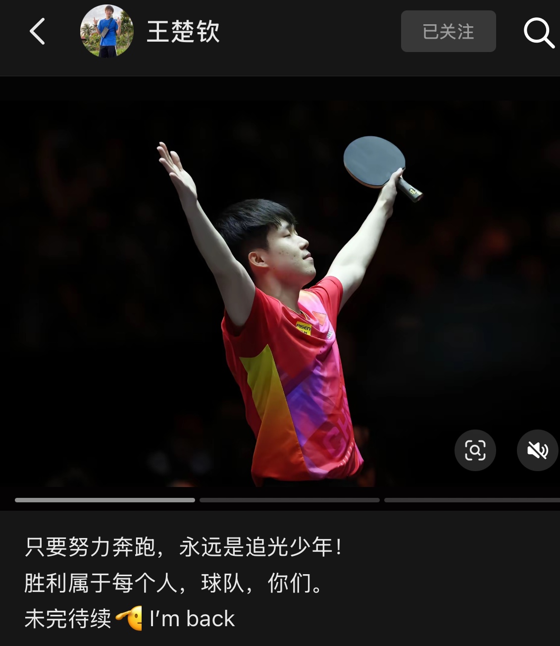 🎤王楚钦夺冠后发文:只要努力奔跑,永远是追光少年